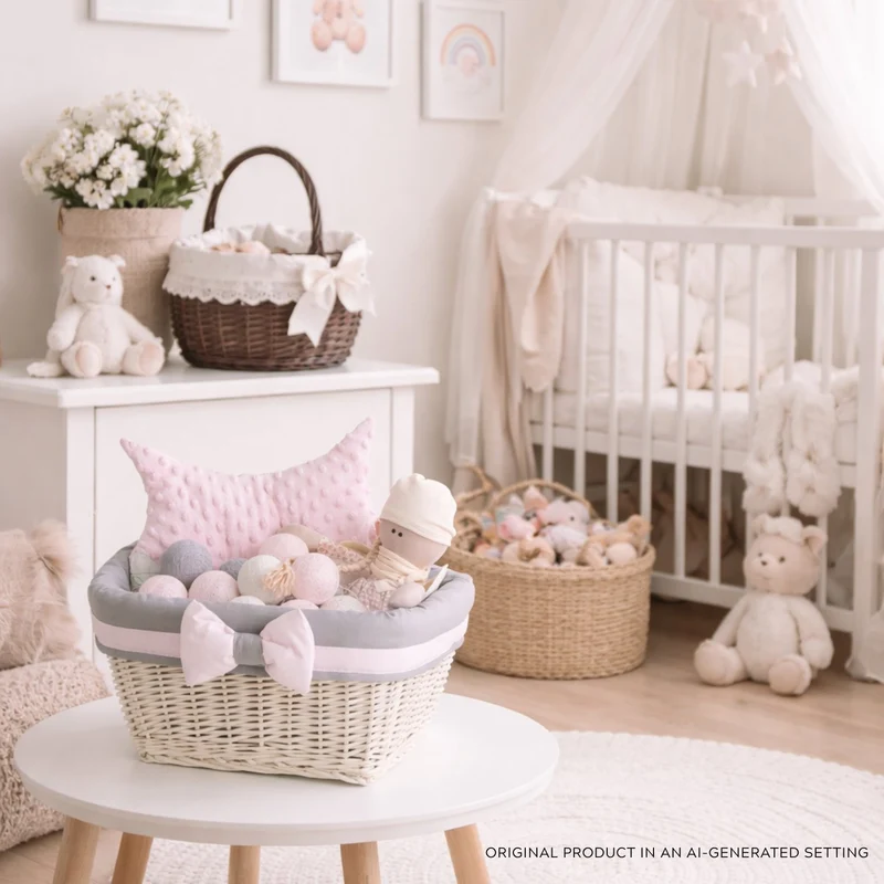 Nestor wicker shelf basket with gray trim and bow TheWickerStories