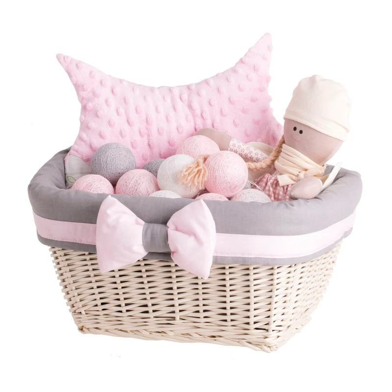 Nestor wicker shelf basket with gray trim and bow TheWickerStories