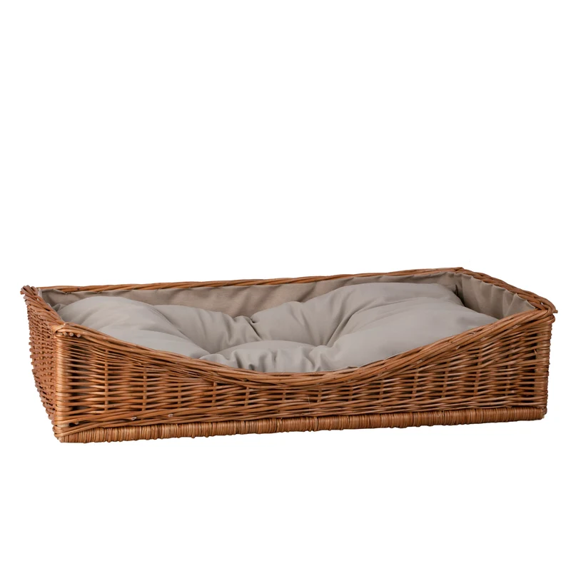Eris wicker basket for dog and cat with beige trim and cushion TheWickerStories