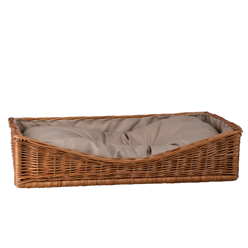 Eris wicker basket for dog and cat with beige trim and cushion TheWickerStories