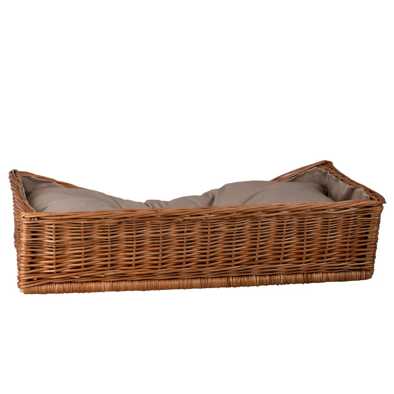 Eris wicker basket for dog and cat with beige trim and cushion TheWickerStories