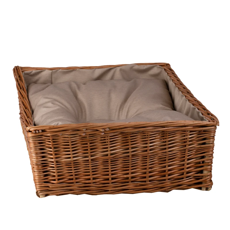 Eris wicker basket for dog and cat with beige trim and cushion TheWickerStories