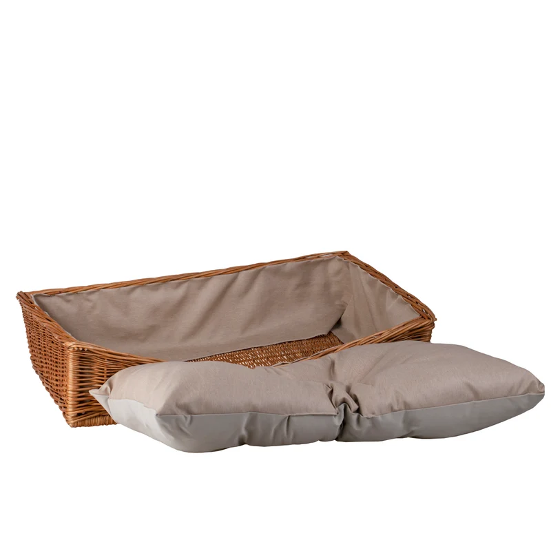 Eris wicker basket for dog and cat with beige trim and cushion TheWickerStories