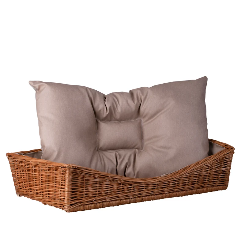 Eris wicker basket for dog and cat with beige trim and cushion TheWickerStories
