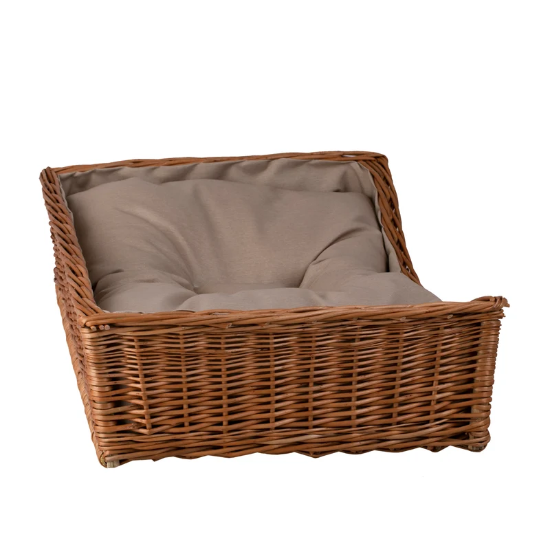 Eris wicker basket for dog and cat with beige trim and cushion TheWickerStories