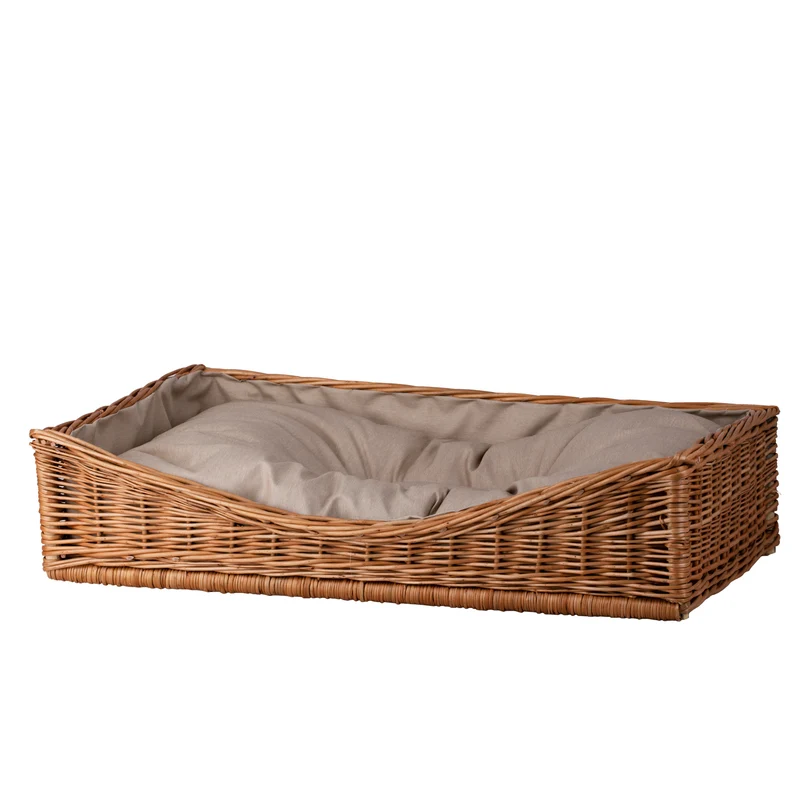 Eris wicker basket for dog and cat with beige trim and cushion TheWickerStories