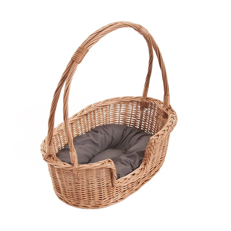 Esmira wicker basket bed for dog and cat with handle and gray cushion TheWickerStories