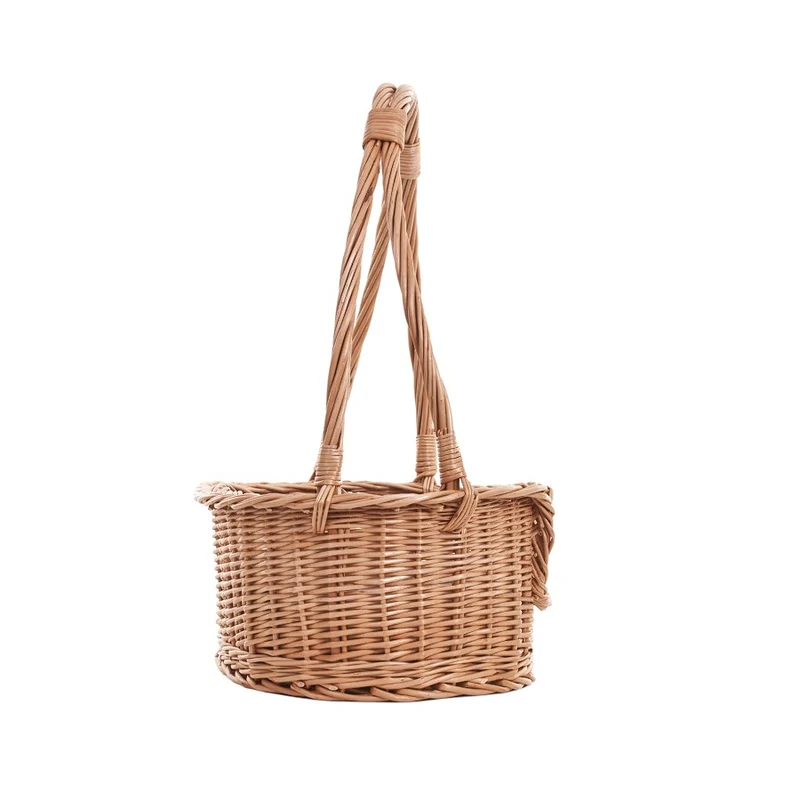 Esmira wicker basket bed for dog and cat with handle and gray cushion TheWickerStories
