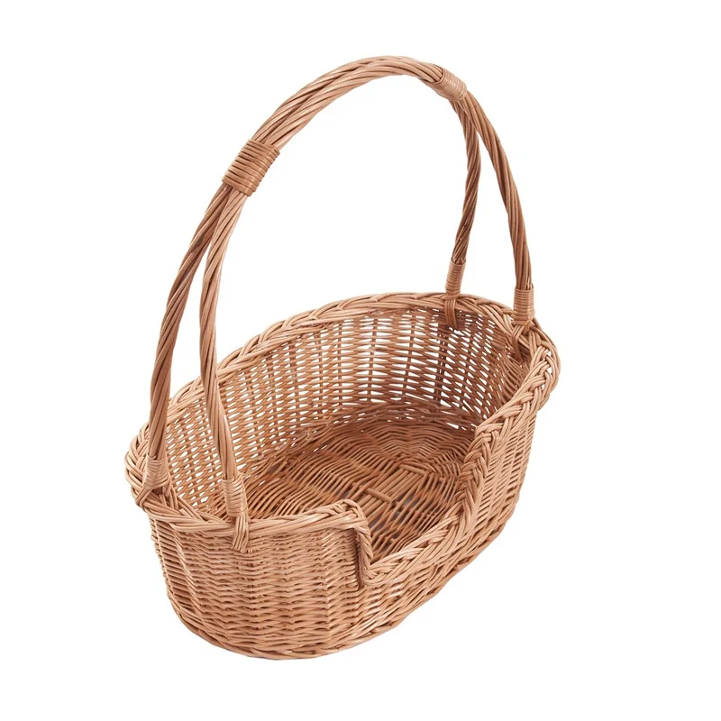 Esmira wicker basket bed for dog and cat with handle and gray cushion TheWickerStories