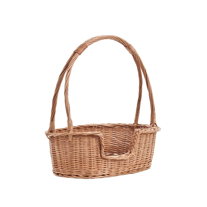Esmira wicker basket bed for dog and cat with handle and gray cushion TheWickerStories