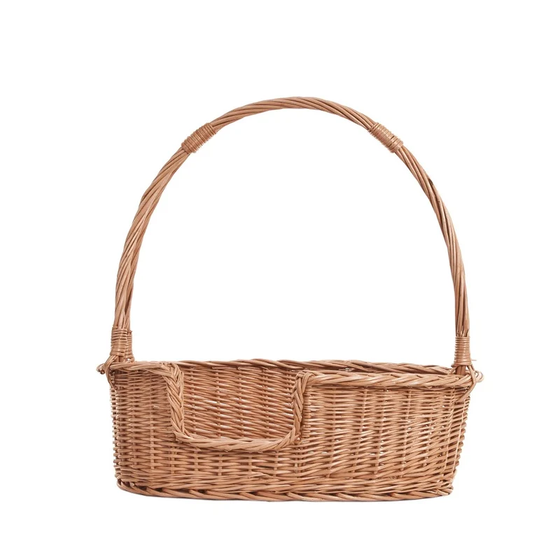 Esmira wicker basket bed for dog and cat with handle and gray cushion TheWickerStories
