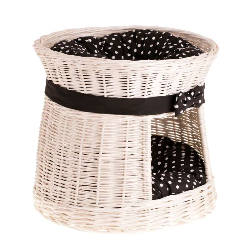 Eralis two-tier wicker cat bed with cushions and bow TheWickerStories
