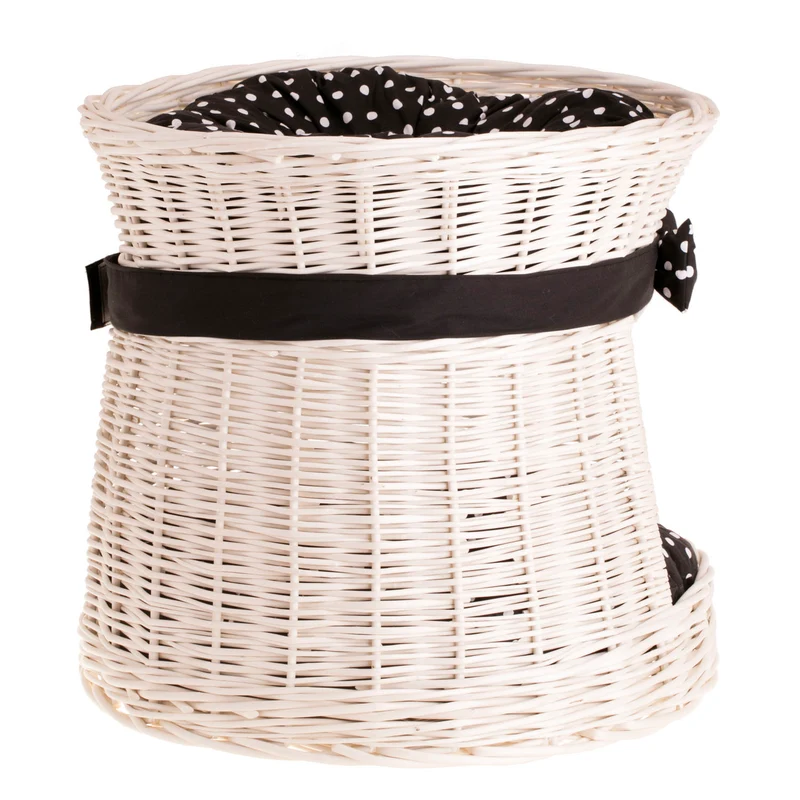 Eralis two-tier wicker cat bed with cushions and bow TheWickerStories