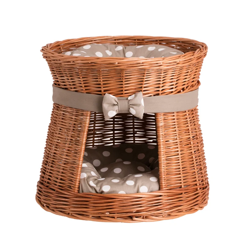 Eralis wicker cat house with beige trim, two-tier, with cushions and a bow TheWickerStories