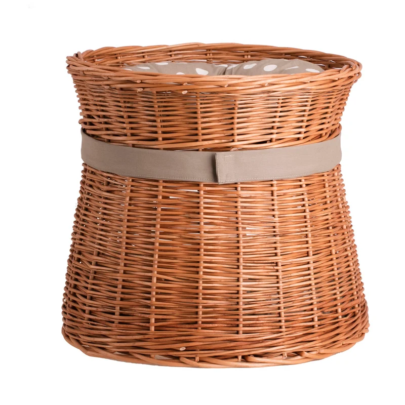 Eralis wicker cat house with beige trim, two-tier, with cushions and a bow TheWickerStories