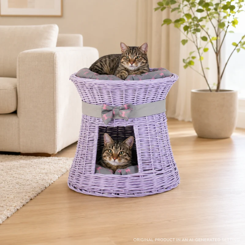 Eralis wicker pet house for cat and small dog with two cushions TheWickerStories