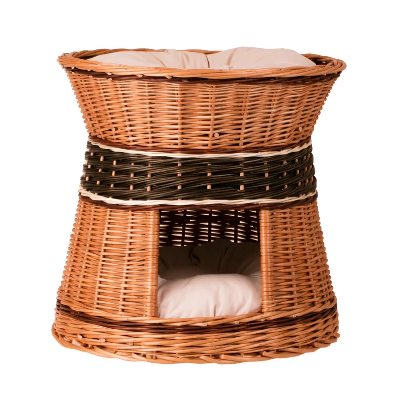 Eralis wicker house for a cat and a small dog with two levels and cushions TheWickerStories