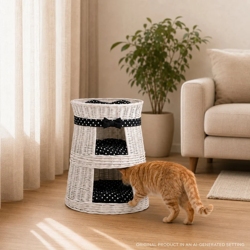 Elnoria three-level wicker cat house with black cushions TheWickerStories