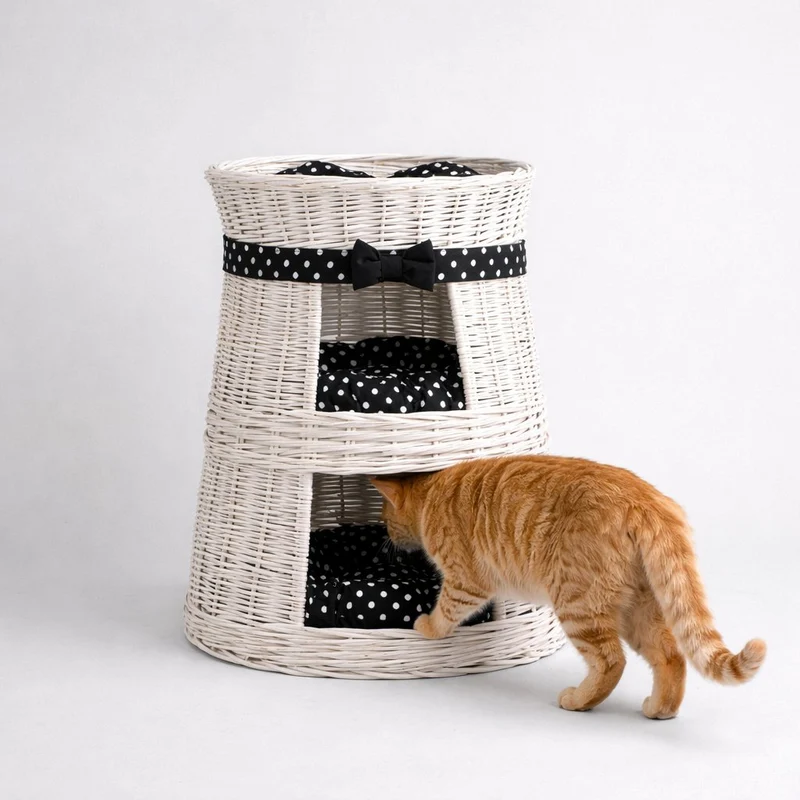 Elnoria three-level wicker cat house with black cushions TheWickerStories