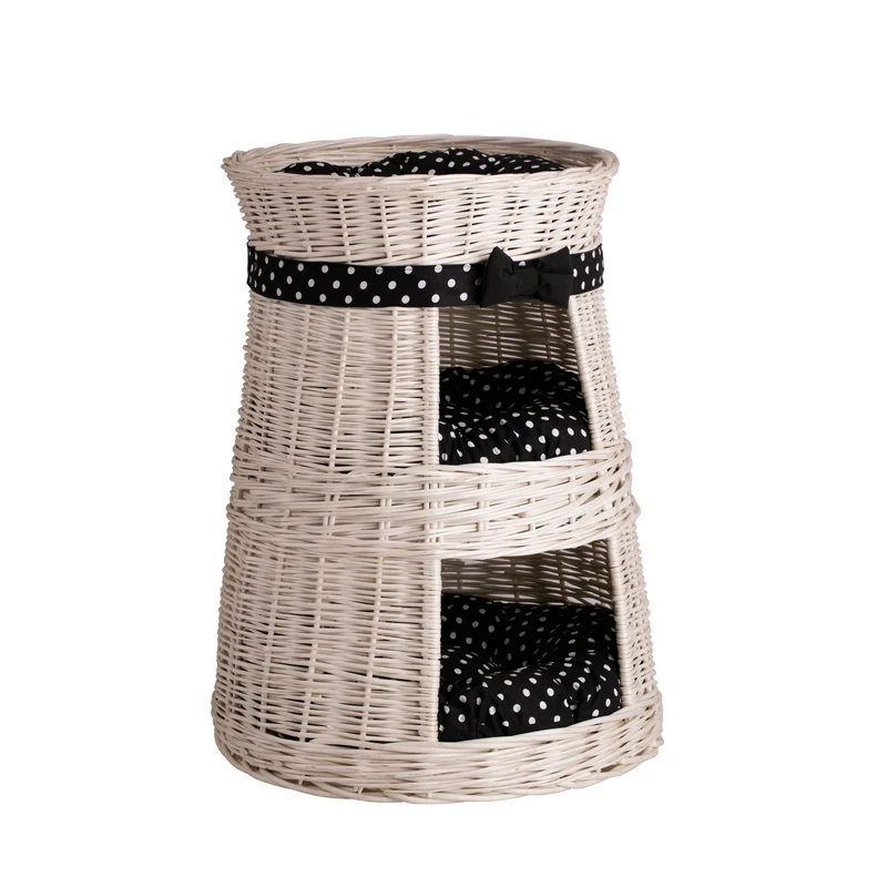 Elnoria three-level wicker cat house with black cushions TheWickerStories