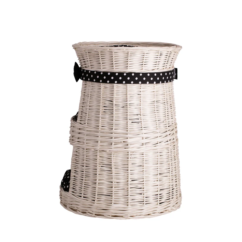 Elnoria three-level wicker cat house with black cushions TheWickerStories