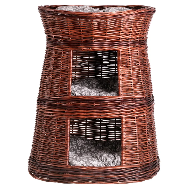 Elnoria wicker cat basket with gray cushions, three-tier TheWickerStories