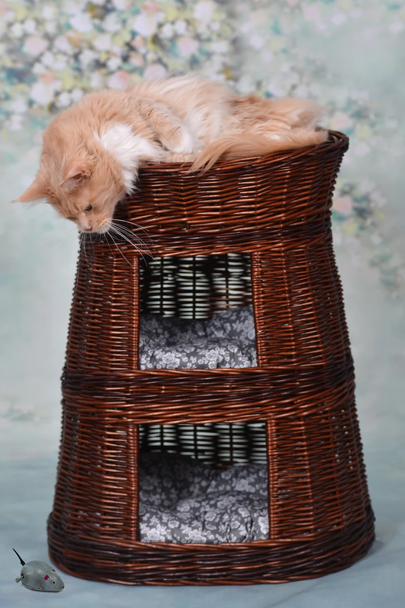 Elnoria wicker cat basket with gray cushions, three-tier TheWickerStories