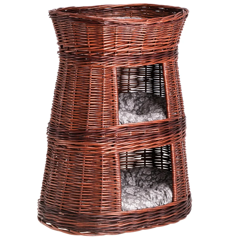 Elnoria wicker cat basket with gray cushions, three-tier TheWickerStories