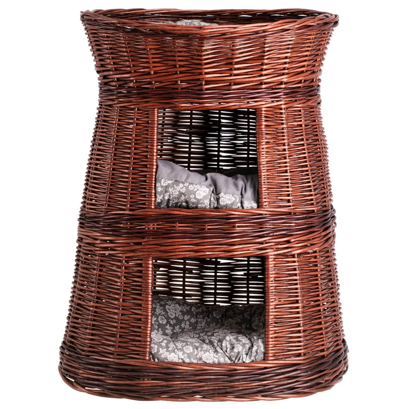 Elnoria wicker cat basket with gray cushions, three-tier TheWickerStories