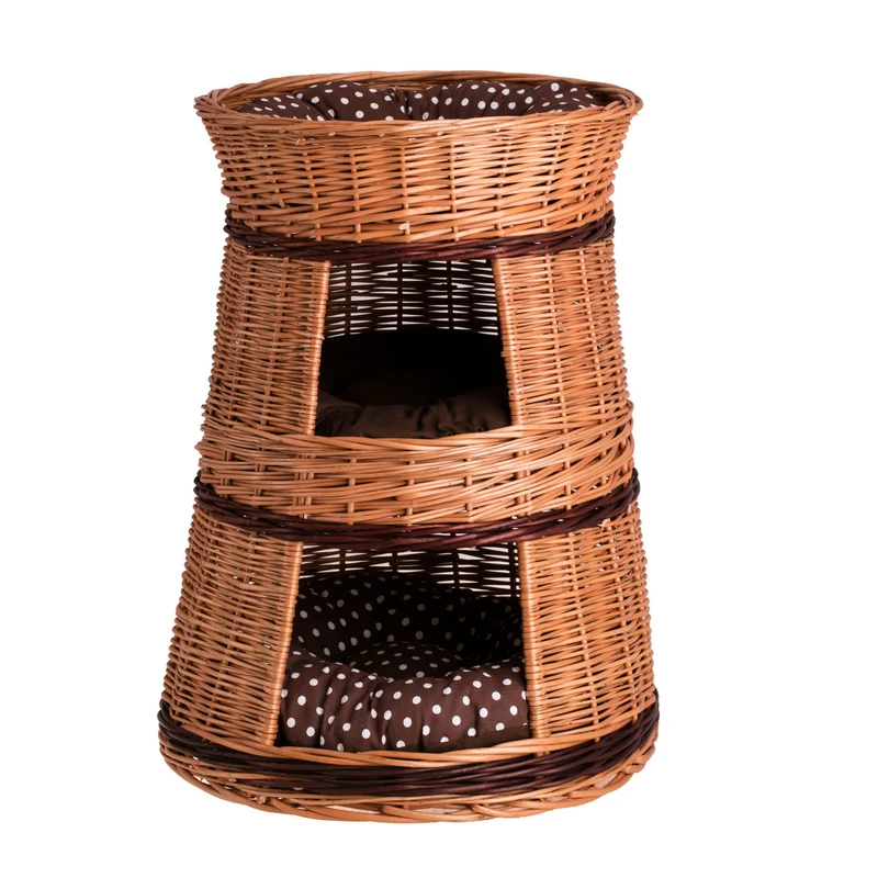 Elnoria wicker cat house with brown cushions, three levels TheWickerStories