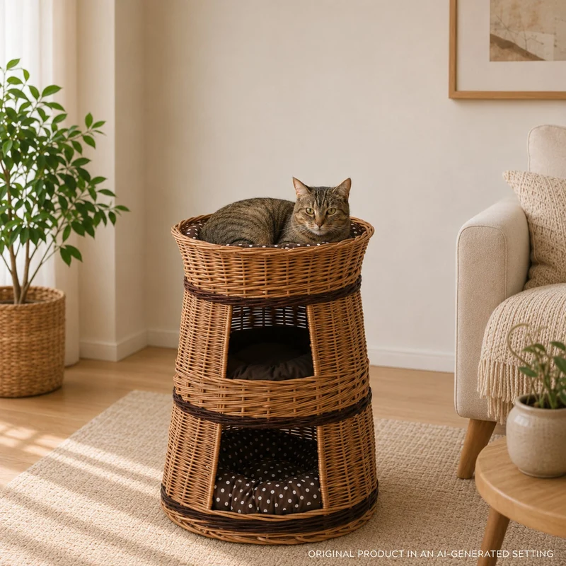 Elnoria wicker cat house with brown cushions, three levels TheWickerStories