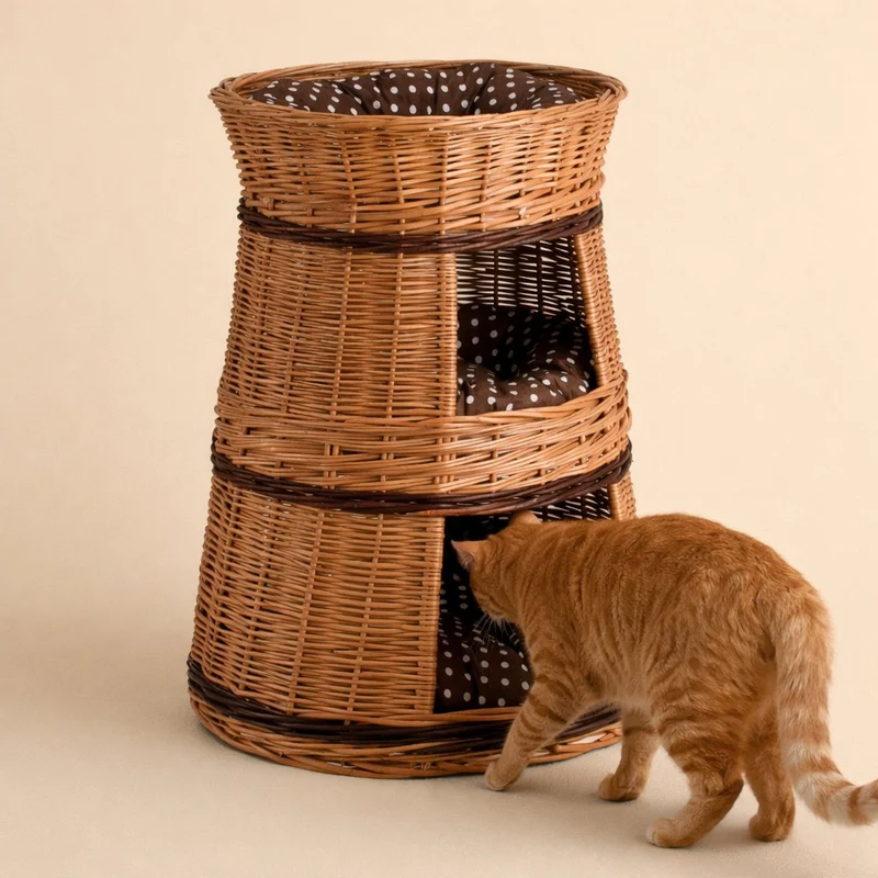 Elnoria wicker cat house with brown cushions, three levels TheWickerStories