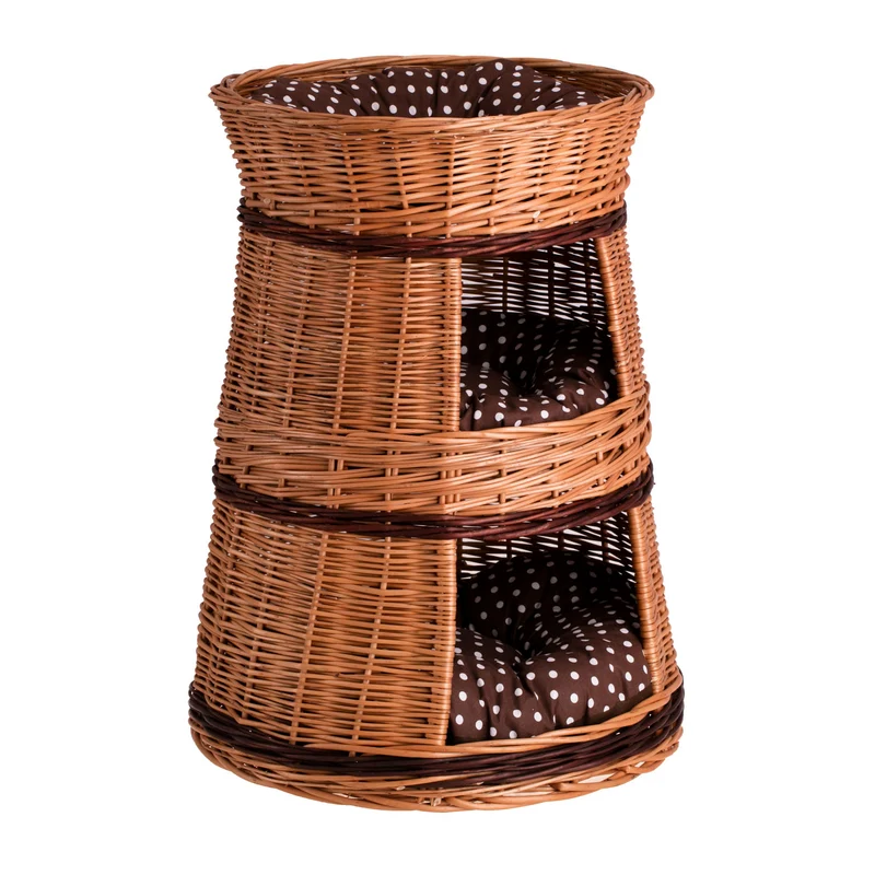 Elnoria wicker cat house with brown cushions, three levels TheWickerStories