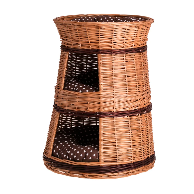 Elnoria wicker cat house with brown cushions, three levels TheWickerStories