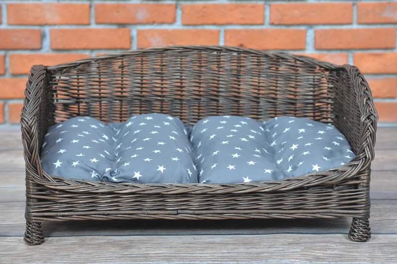 Erivia wicker pet bed for dogs and cats with gray cushion and low entry TheWickerStories