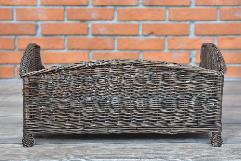 Erivia wicker pet bed for dogs and cats with gray cushion and low entry TheWickerStories