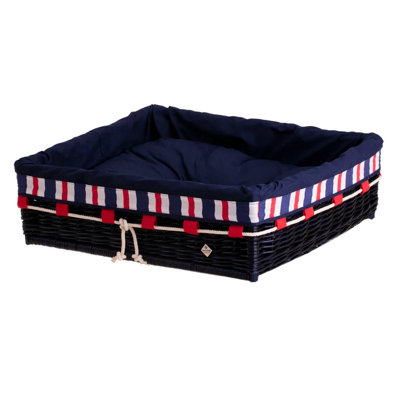 Epimoria wicker basket for dog and cat with navy trim, featuring a removable cushion TheWickerStories