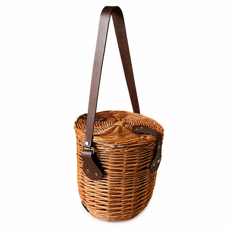 Rivora wicker shoulder basket with fabric lining, lid, and leather strap TheWickerStories