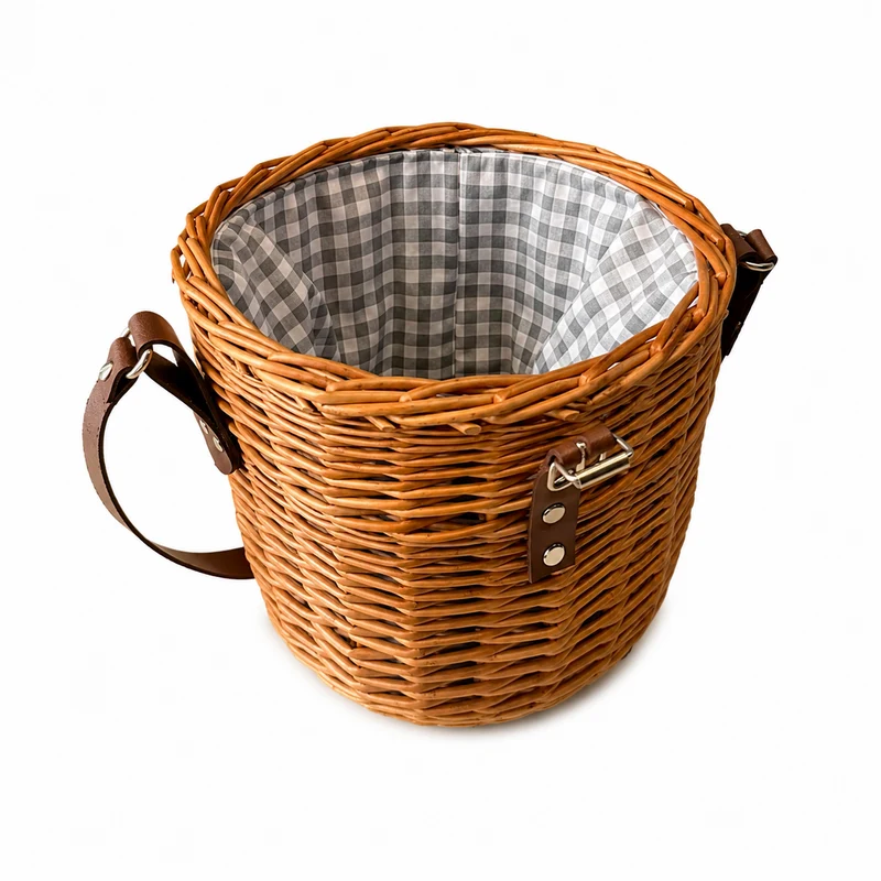 Rivora wicker shoulder basket with fabric lining, lid, and leather strap TheWickerStories