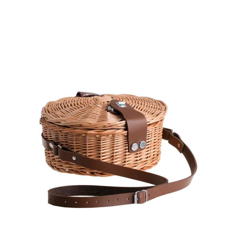 Rivora wicker shoulder basket for shopping and beach, with lid and leather strap TheWickerStories