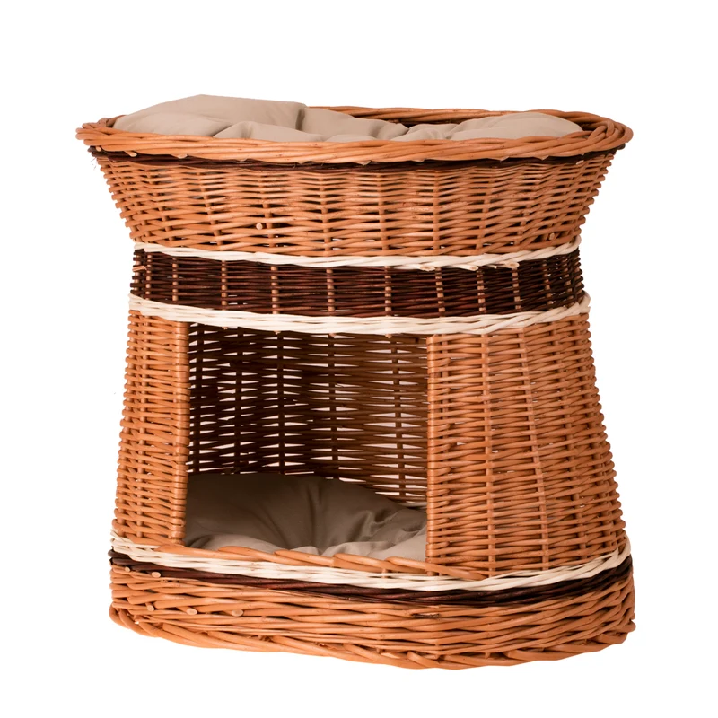Erif wicker house for cat and small dog with two cushions and a rooftop bed TheWickerStories