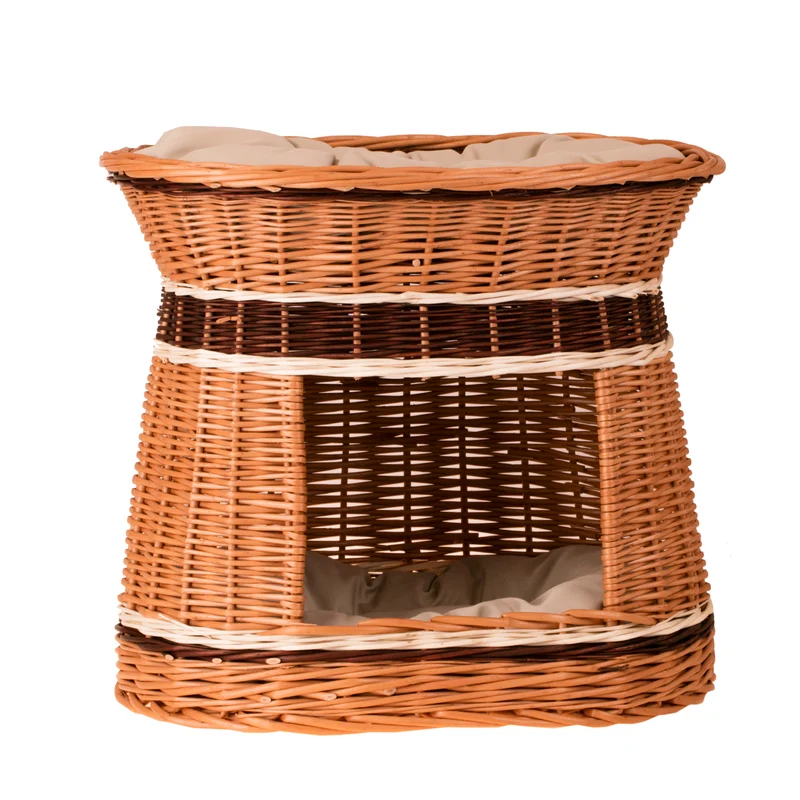 Erif wicker house for cat and small dog with two cushions and a rooftop bed TheWickerStories