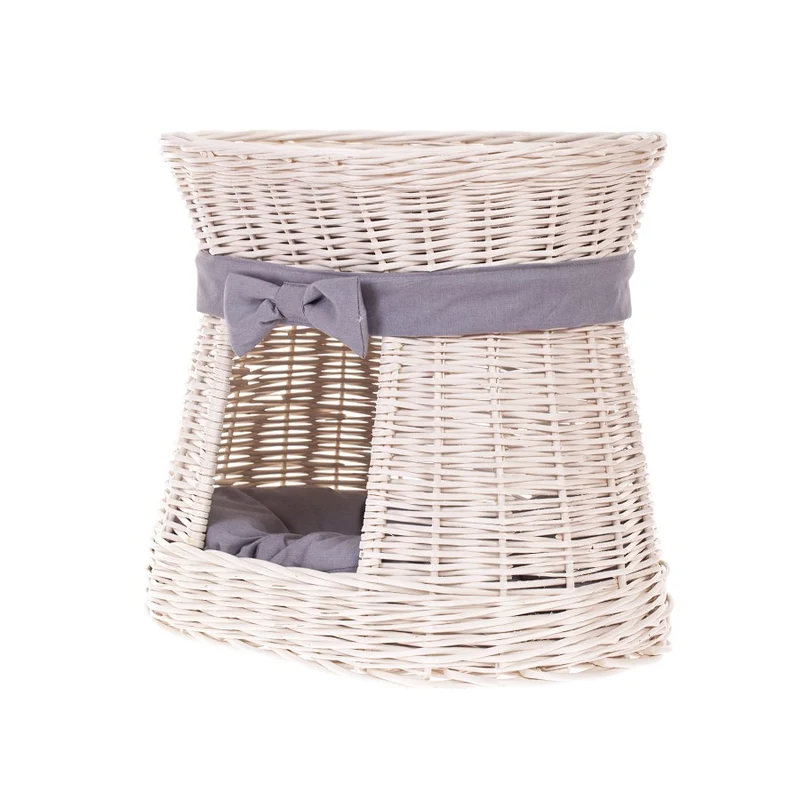 Erif two-tier wicker cat house with cushions and a bow TheWickerStories