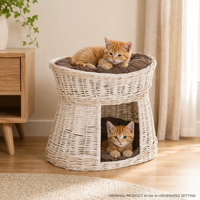 Erif wicker cat house with cushions, two-tier TheWickerStories