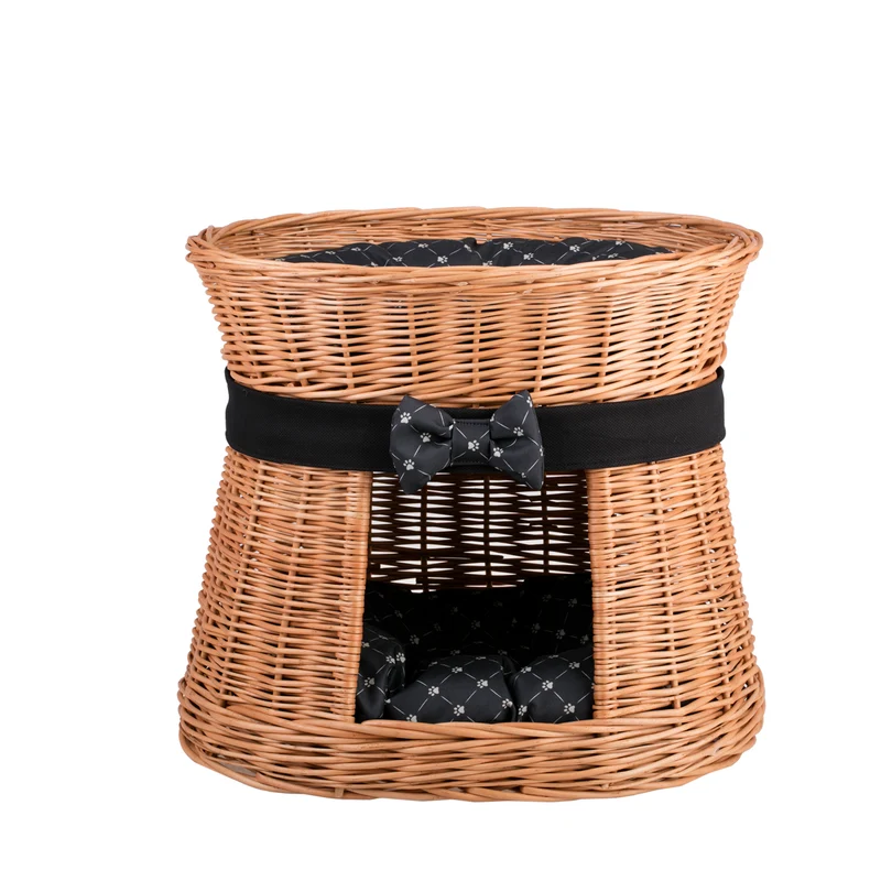 Erif two-level wicker cat house with black cushions and bow TheWickerStories