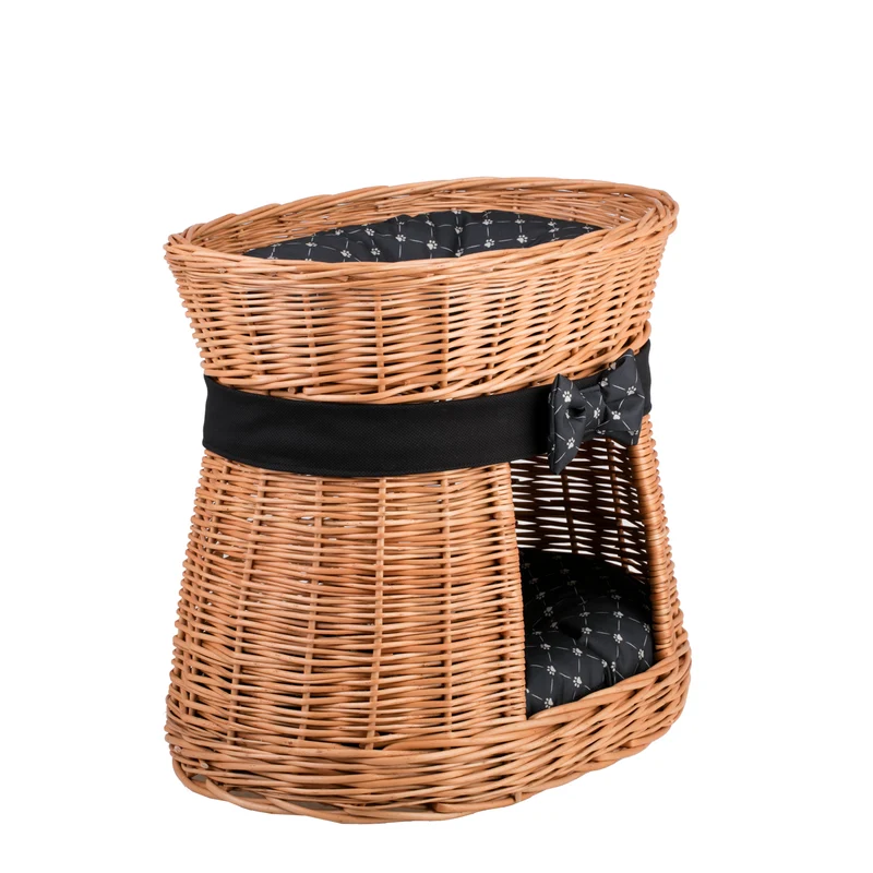 Erif two-level wicker cat house with black cushions and bow TheWickerStories