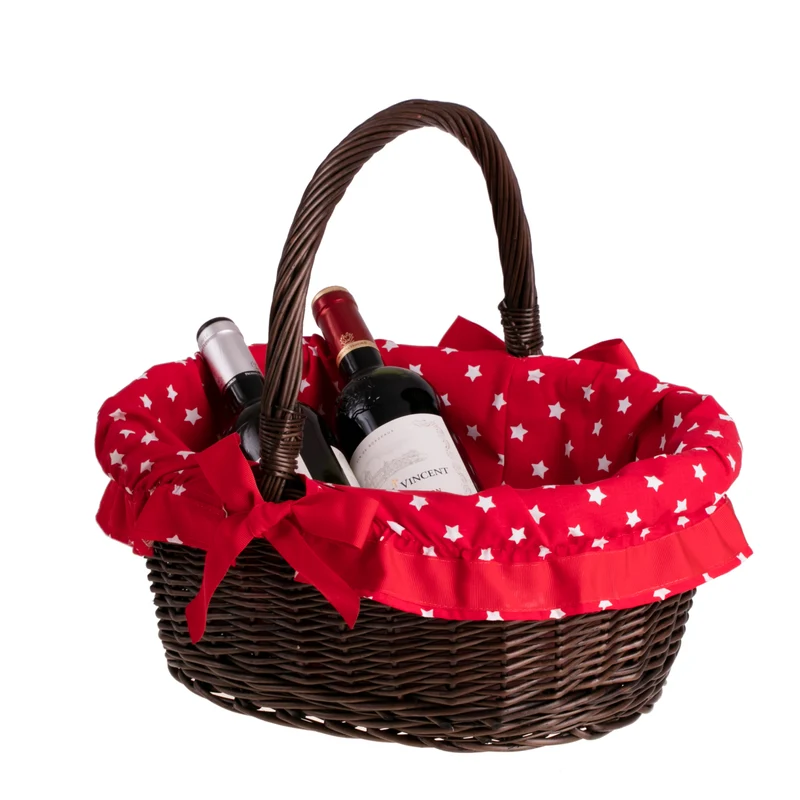 Zelora wicker gift basket with red trim and a handle TheWickerStories
