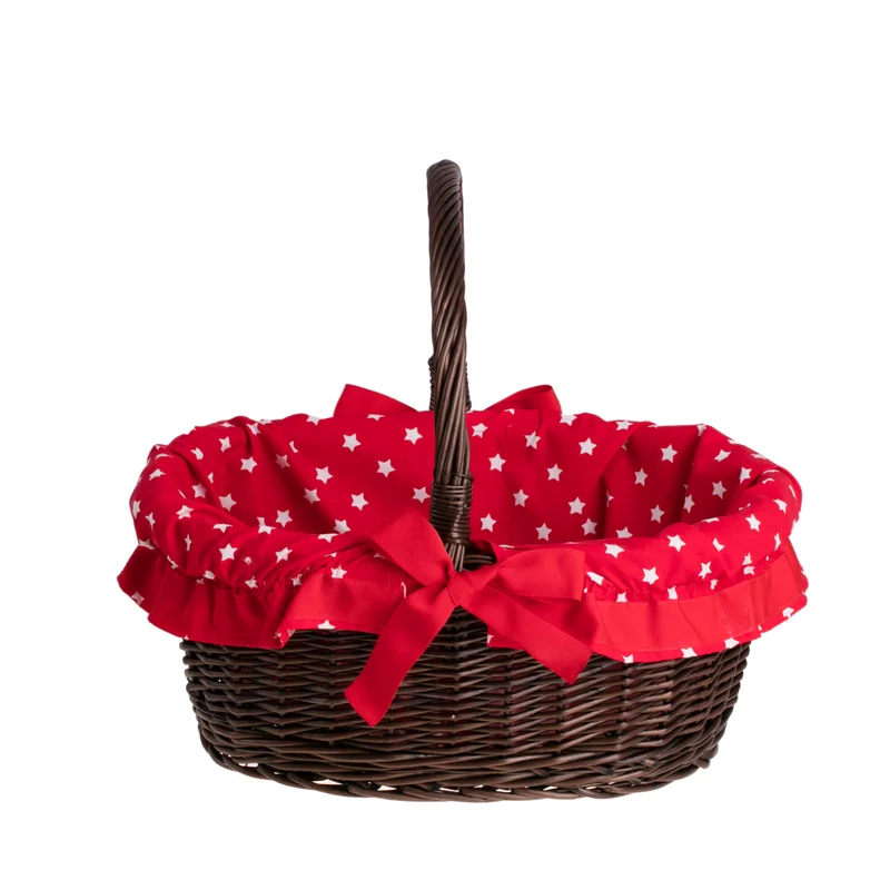 Zelora wicker gift basket with red trim and a handle TheWickerStories