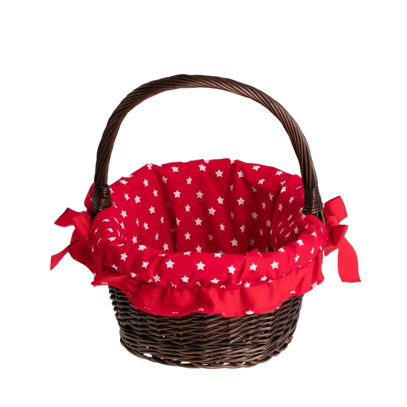 Zelora wicker gift basket with red trim and a handle TheWickerStories