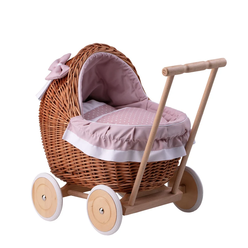 Lili wicker doll stroller with pink trim, blanket, and pillow TheWickerStories